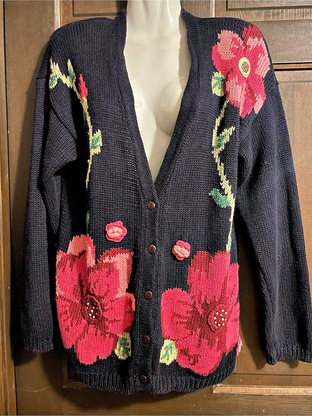 Herman Geist Hand Embroidered Cardigan Floral Cardigan in Navy & Red Size Small